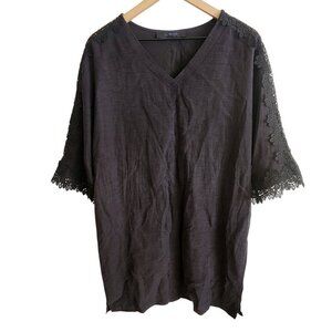 Le Musee Ornate Lace Black 100% Linen Lined V-neck Shift Dress Sz. M